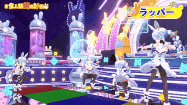 a group of anime characters are dancing on a stage with a sign that says rapper on it