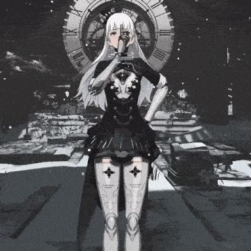 a girl with white hair is standing in front of a clock in a dark room .