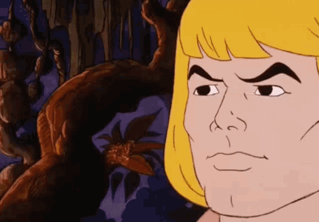 a cartoon character with blonde hair and black eyebrows