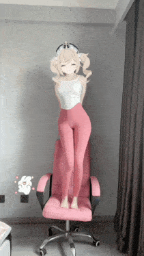 a girl in a white tank top and pink leggings stands on a pink chair