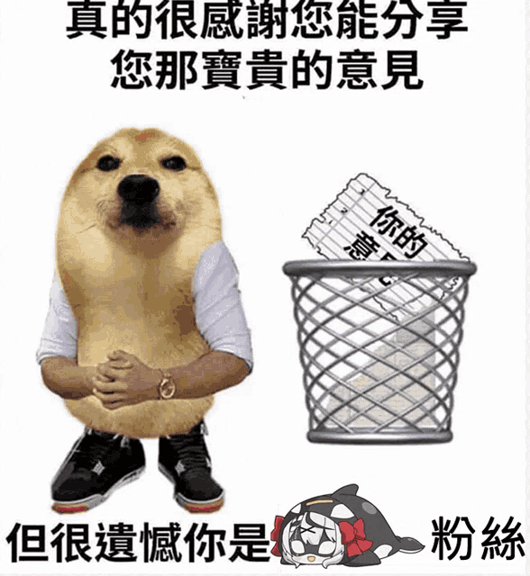 a dog wearing a white shirt is next to a trash can with chinese writing on it