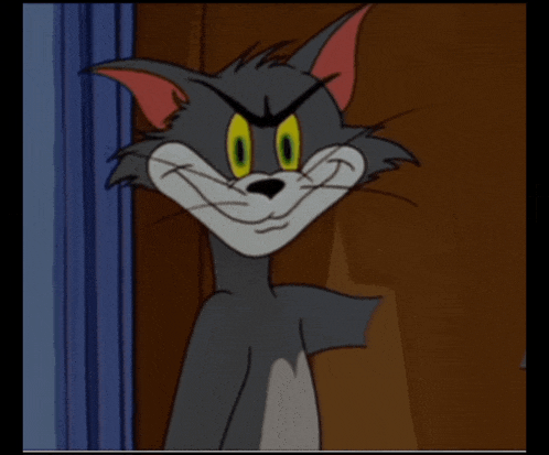 a cartoon cat with yellow eyes is smiling and looking at the camera