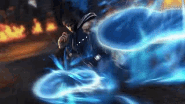 a man in a hooded jacket is surrounded by a blue glowing circle .