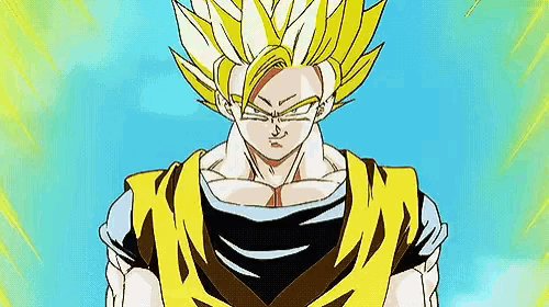 a close up of a cartoon character with yellow hair and a black shirt .
