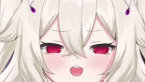 a close up of a anime girl with white hair and red eyes making a face .