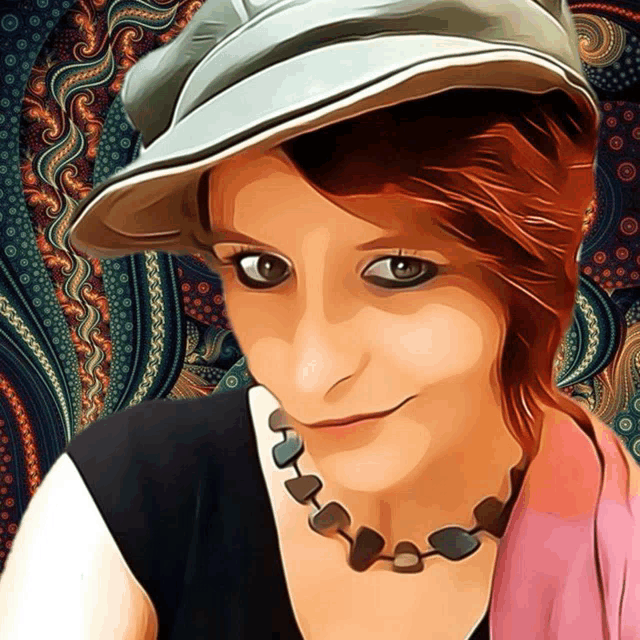 a woman wearing a hat and a necklace looks at the camera