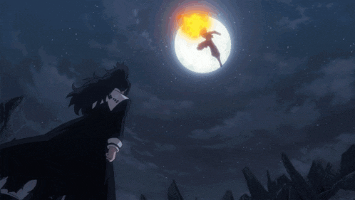 a person standing in front of a full moon with a fireball in the background