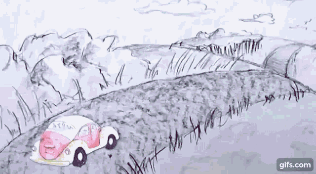 a drawing of a car driving down a country road