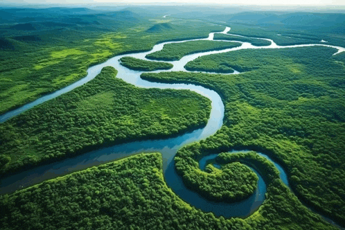an aerial view of a river in the middle of a forest