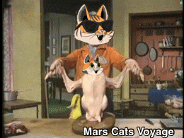 a cartoon of a man holding a cat with the words mars cats voyage below
