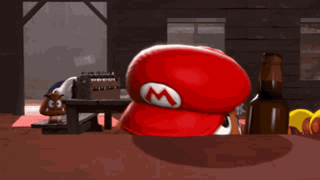 a mario character drinking from a bottle with a m on his hat