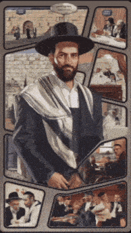 a painting of a man with a beard and a hat surrounded by pictures