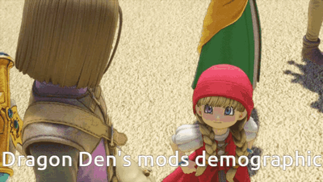 a video game character with the words dragon den 's mods demographic below her