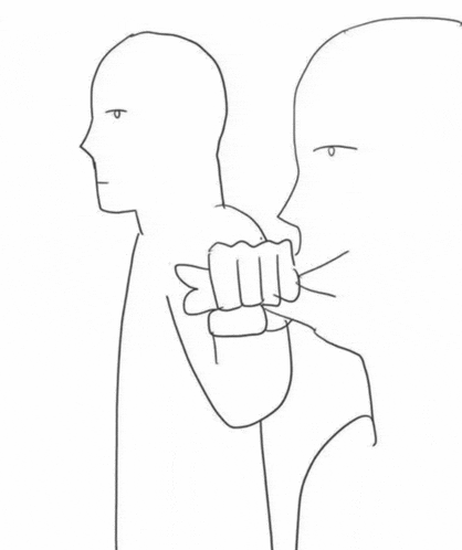a black and white drawing of a man holding another man 's fist in front of his face .