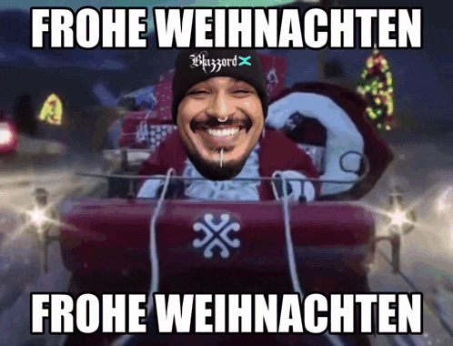 a man in a sleigh with the words frohe weihnachten on the bottom
