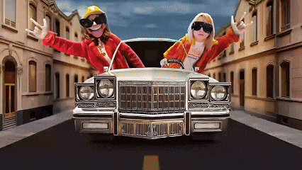 a cartoon of a man and a girl driving a car