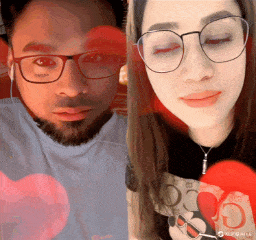 a man wearing glasses and a woman wearing a shirt that says gucci on it