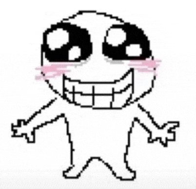 a pixel art drawing of a cartoon character with a big smile on his face and arms outstretched .