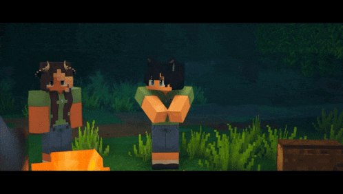 two minecraft characters are standing in the grass with their hands in the air