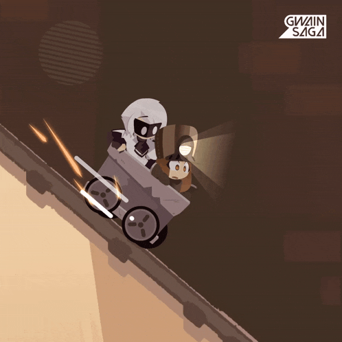 a cartoon drawing of two people riding a cart with the words gwain saga written on the bottom