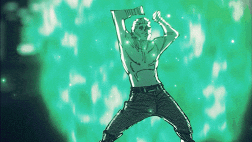 a drawing of a shirtless man dancing with a green background