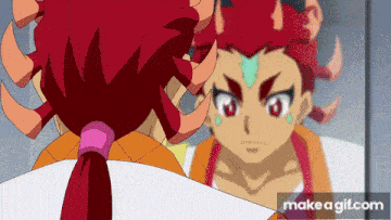 a cartoon character with red hair is looking at himself in a mirror