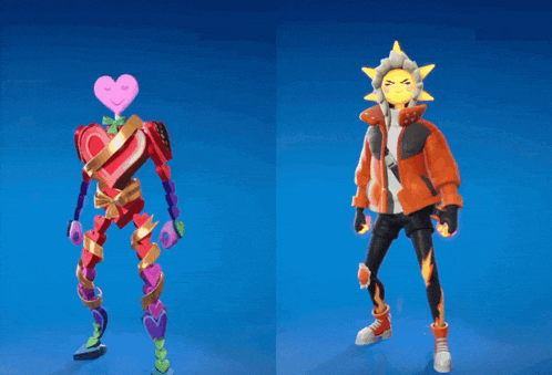 a robot with a heart on its head is next to a man with a sun on his head