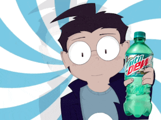 a cartoon character is holding a green mountain dew bottle