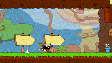 a cartoon scene with a tree and a sign