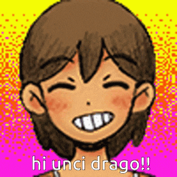 a pixel art of a girl smiling with the words `` hi unci drago '' written below her .