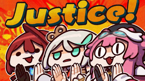 a cartoon drawing of three girls with the word justice written above them