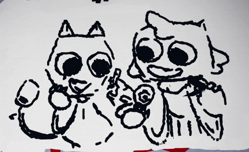 a black and white drawing of two cats on a piece of paper
