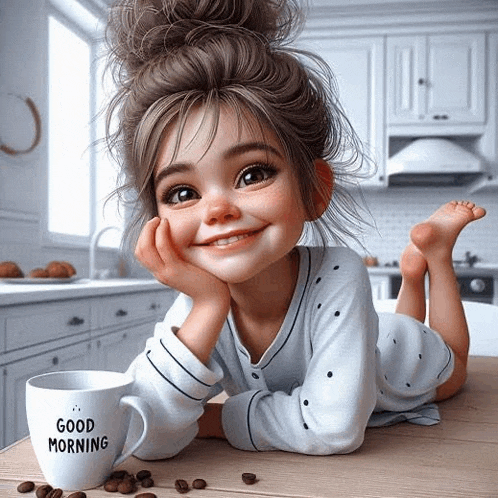 a little girl is smiling while laying on a table with a cup of coffee that says good morning .