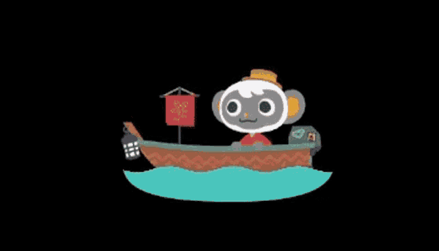 a cartoon character is sitting in a boat with a lantern .