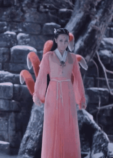 a woman in a pink dress is standing in front of a rock wall .