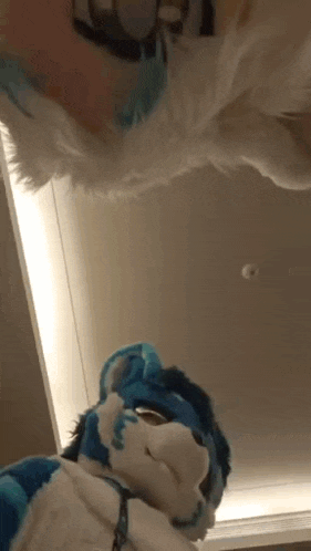 a person in a furry costume is standing in front of a mirror .
