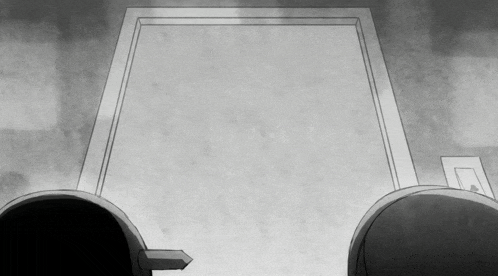 a black and white drawing of two people looking at a door