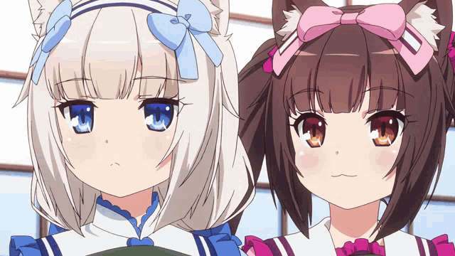two anime girls are standing next to each other and one has a pink bow on her head