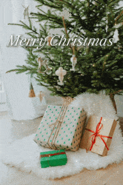 a merry christmas card with a christmas tree and presents underneath