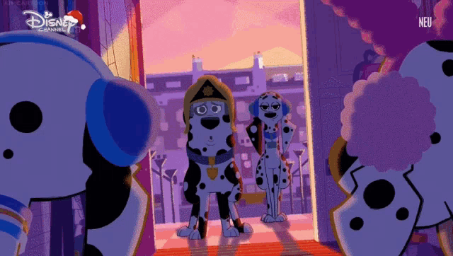 two dalmatian dogs are standing next to each other in front of an open door with disney channel written on the bottom