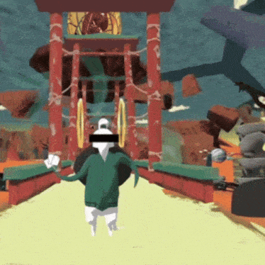 a cartoon character in a green jacket is walking in front of a tower