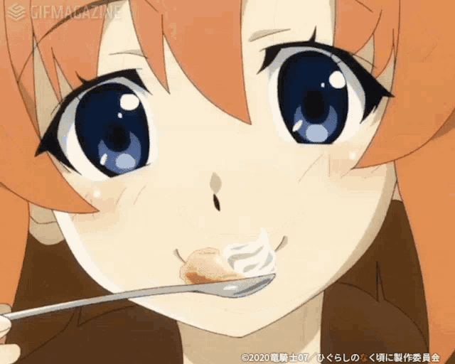 a close up of a girl with a spoon in her mouth with gifmagazine written below her