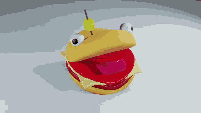 a 3d rendering of a hamburger with a toothpick in it 's mouth