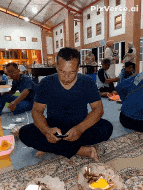 a man sits on the floor looking at his phone with pixverse.ai in the upper right corner