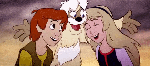 a boy and a girl are standing next to a cartoon character
