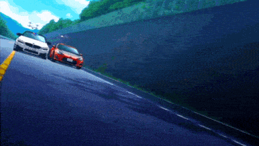 a white car and a red car are driving down a highway