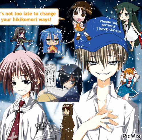 a collage of anime characters including a boy wearing a blue hat that says please be patient i have autism