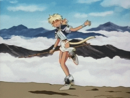 a cartoon of a person holding a stick in front of mountains