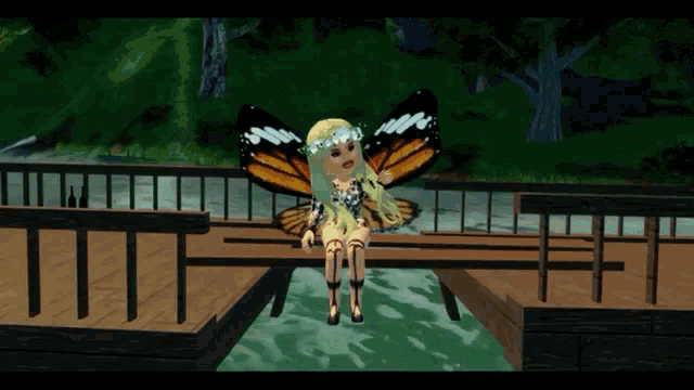 a doll with butterfly wings is sitting on a bridge over a body of water