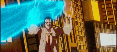 a man in a suit and tie is holding a blue lightning bolt